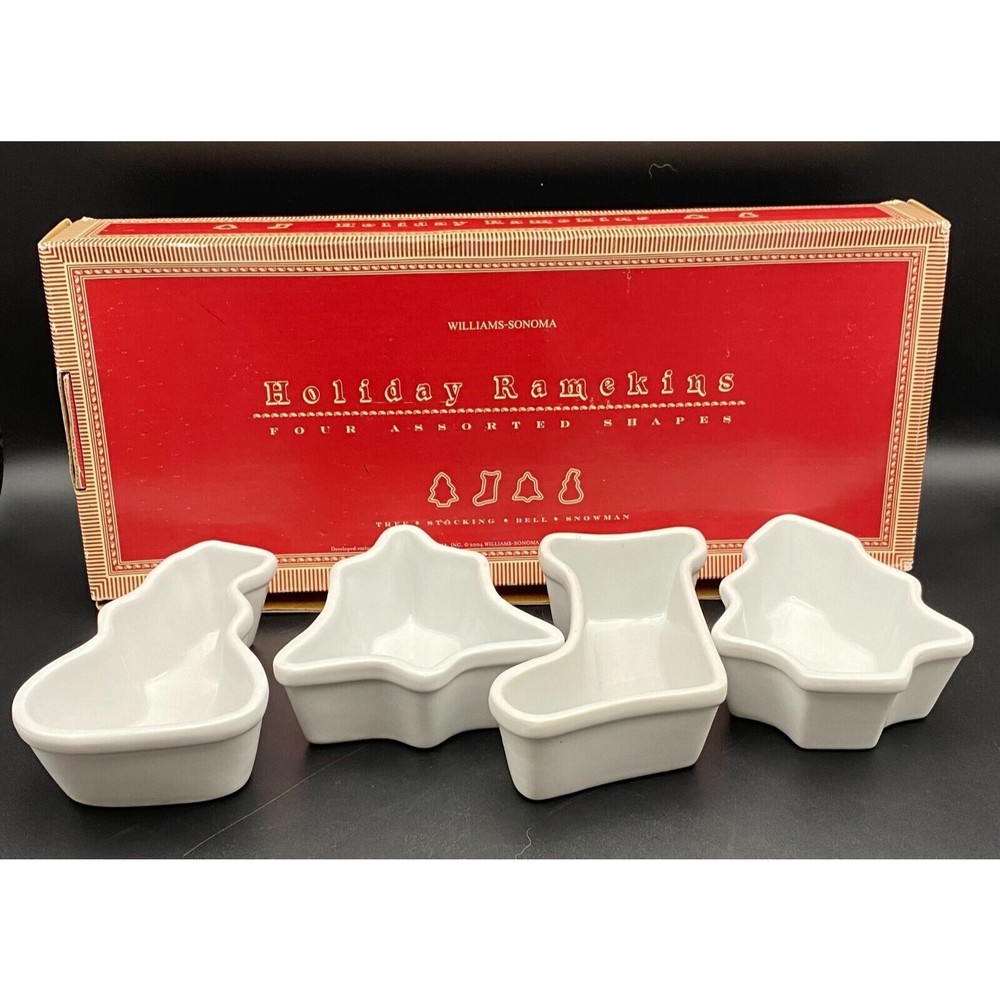 Williams Sonoma Holiday Ramekins 2004 Tree Stocking Snowman Bell Set of 4